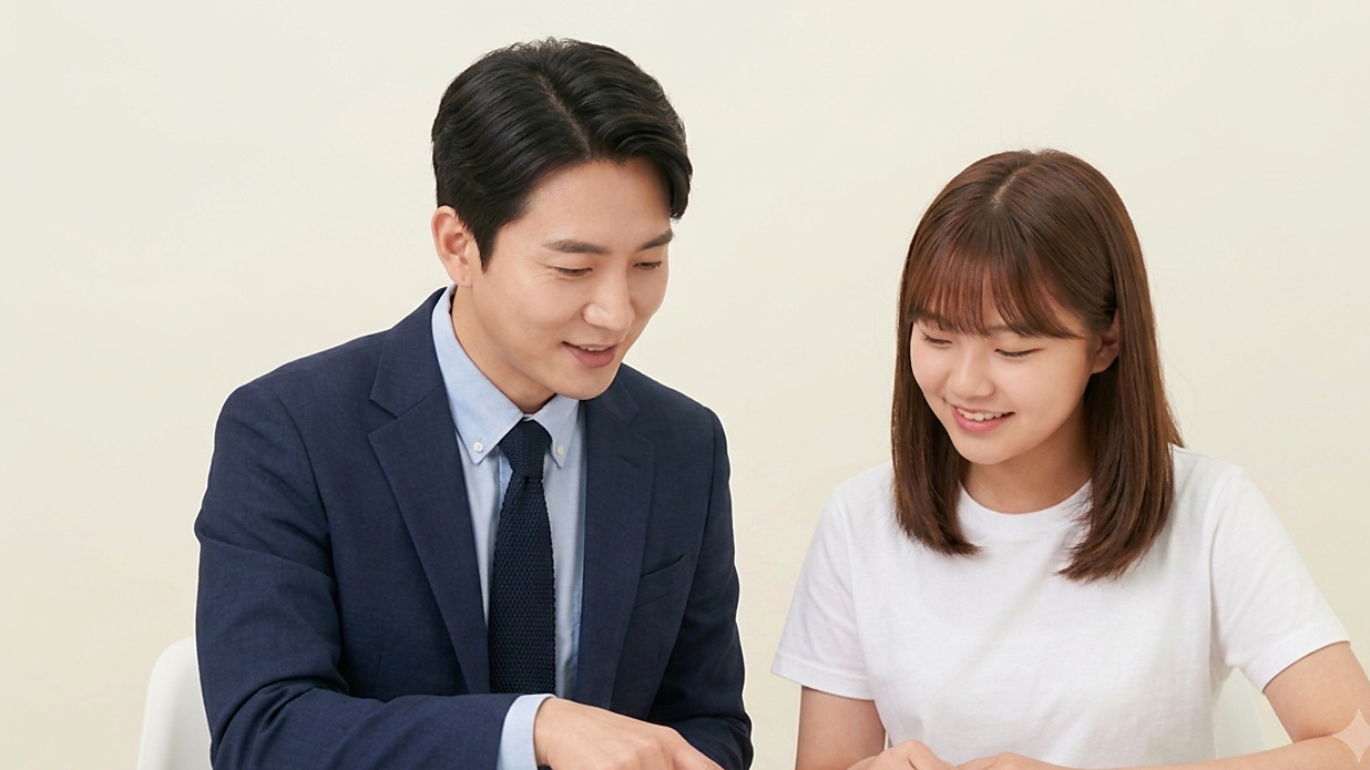 선생님과 학생이 교재를 함께 보며 1:1 수업하는 모습